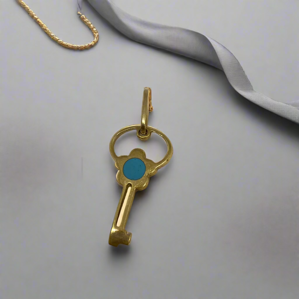 14K Yellow Gold Blue Enamel Flower Key Pendant - Thenetjeweler