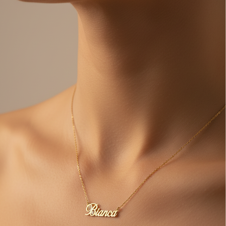 Bianca Name Necklace – 10K, 14K Yellow Gold with Lab-Grown Diamond Accent