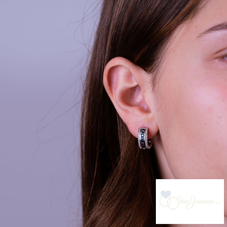 Blue Sapphire & Diamond Huggie Earrings - Earrings