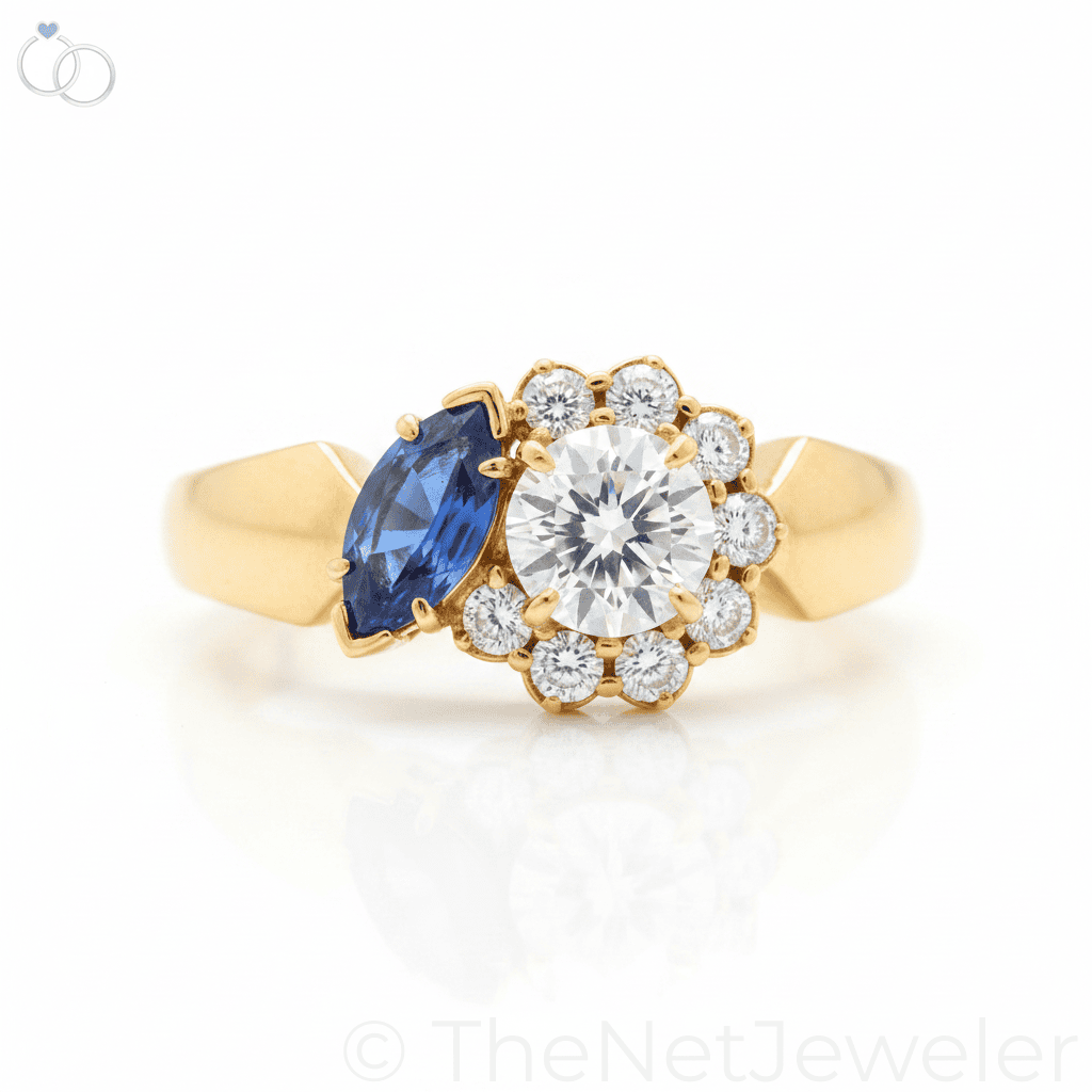 Blue Sapphire & Moissanite Toi et Moi Halo Ring