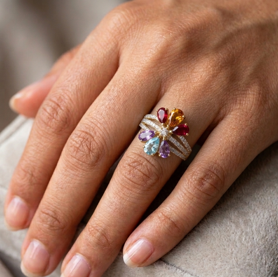 Multi Gemstone and Diamond Floral Ring 14K Gold - TheNetJeweler