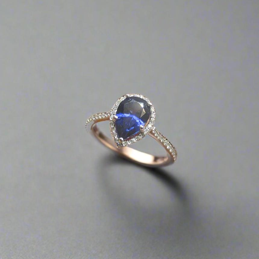 Pear Blue Sapphire Halo Engagement Ring (8x5.5mm) - Thenetjeweler