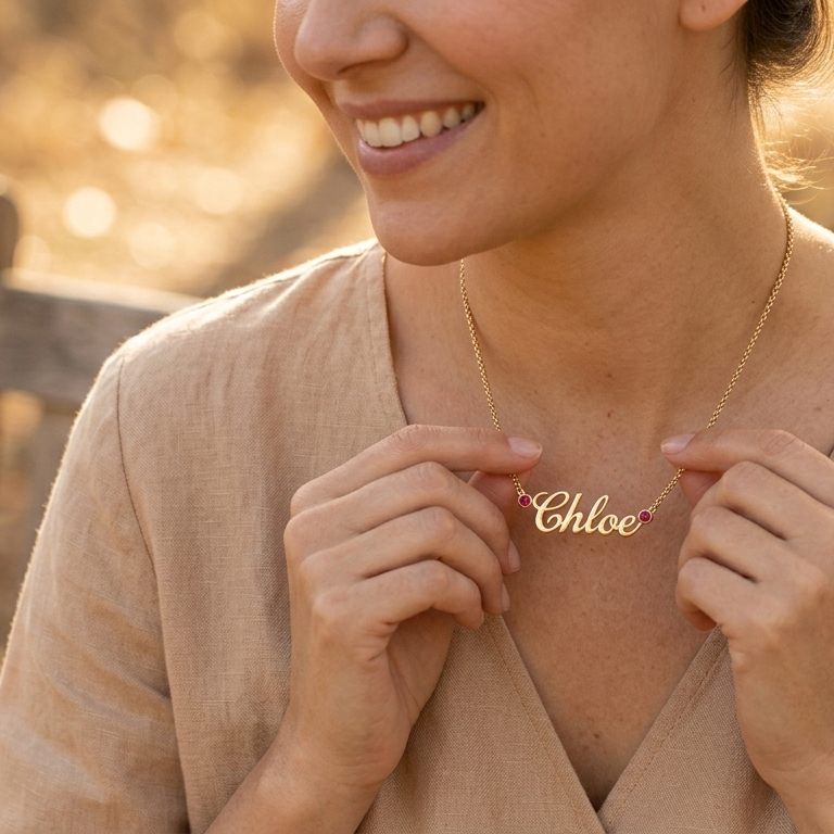 Yellow gold necklace with ruby accents featuring a "Chloe" pendant