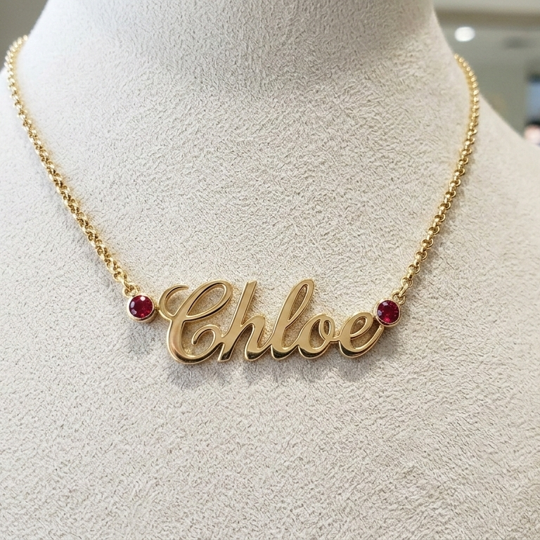 "Chloe" Nameplate Necklace 14K White Gold with Lab-Grown Ruby Accents