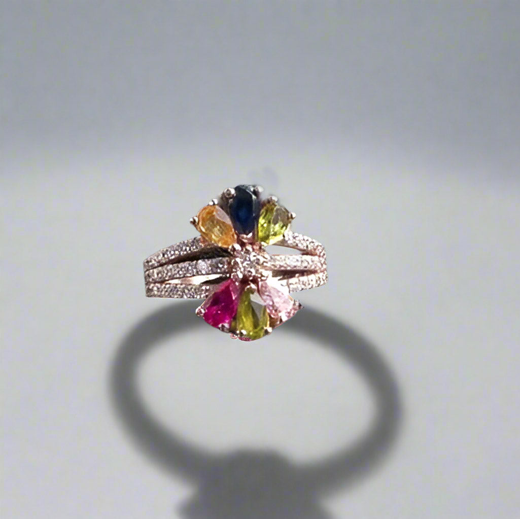 Multi Gemstone and Diamond Floral Ring 14K Gold - TheNetJeweler