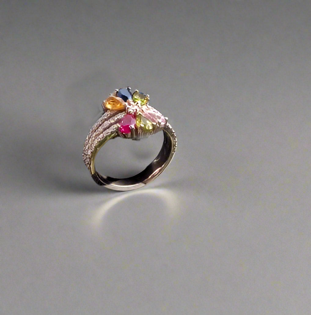 Multi Gemstone and Diamond Floral Ring 14K Gold - TheNetJeweler