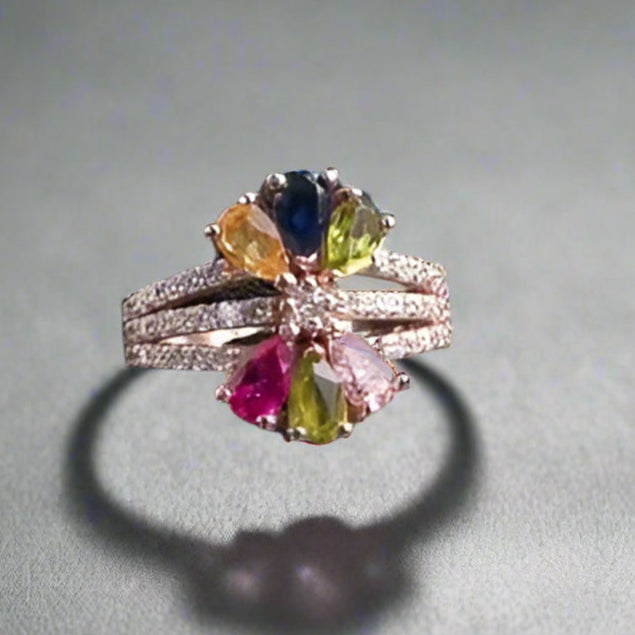 Multi Gemstone and Diamond Floral Ring 14K Gold - TheNetJeweler