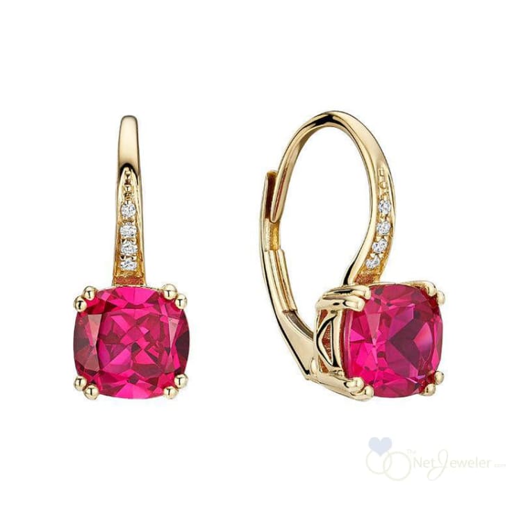 Created Ruby Cushion Cut & Diamond Dangle Earrings-RNB Jewellery