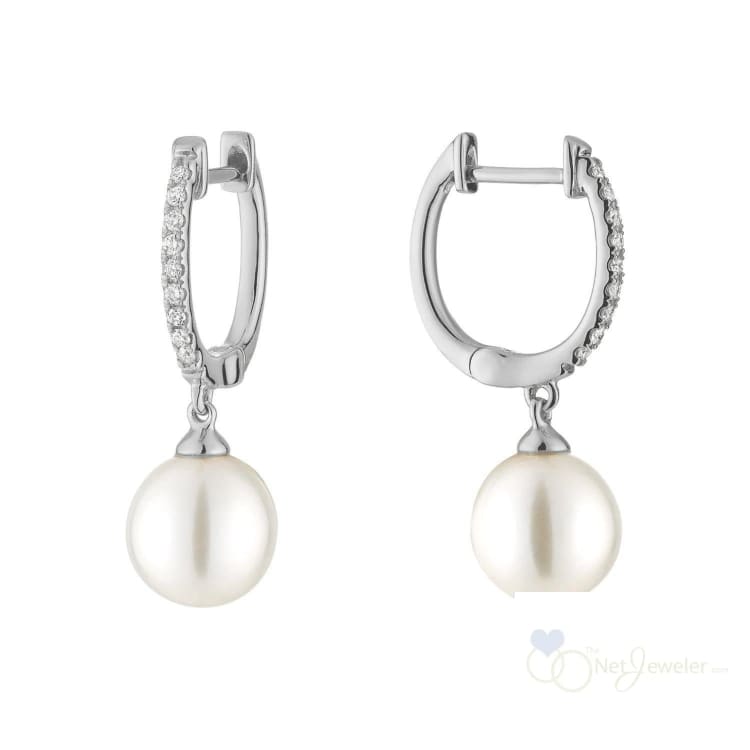 Cultured Pearl & Diamond Dangle Earrings - White Gold / 0.12CTDI / Cultured Freshwater Pearl - Earrings