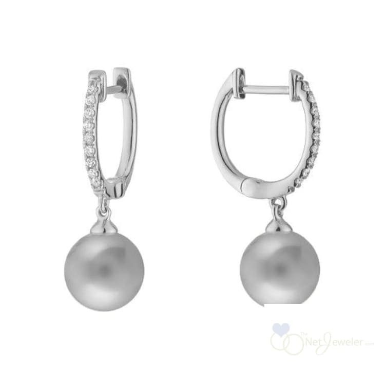 Cultured Pearl & Diamond Dangle Earrings White Gold / 0.12CTDI / Grey Pearl Earrings