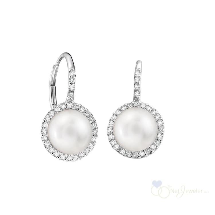 Cultured Pearl & Diamond Halo Dangle Earrings - White Gold - Earrings