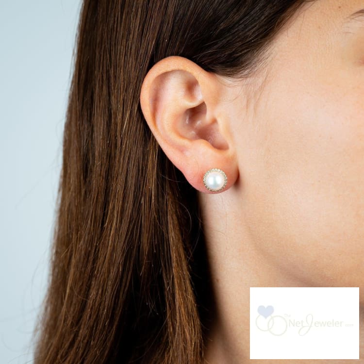 Cultured Pearl & Diamond Halo Stud Earrings