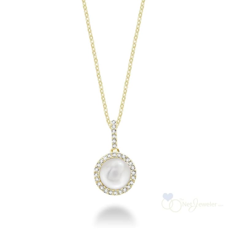 Cultured Pearl & Halo Diamond Pendant - Yellow Gold - Pendants
