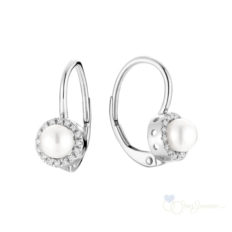 Cultured Pearl & Halo Diamonds Dangle Earrings - White Gold - Earrings
