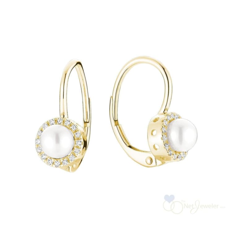 Cultured Pearl & Halo Diamonds Dangle Earrings - Yellow Gold - Earrings