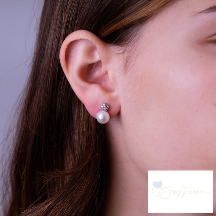 Cultured Pearl & Pave Round Diamond Stud Earrings-RNB Jewellery
