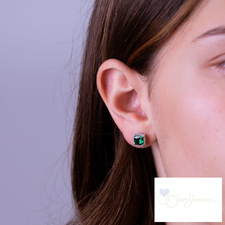 Cushion Colored Stone & Diamond Halo Stud Earrings-RNB Jewellery