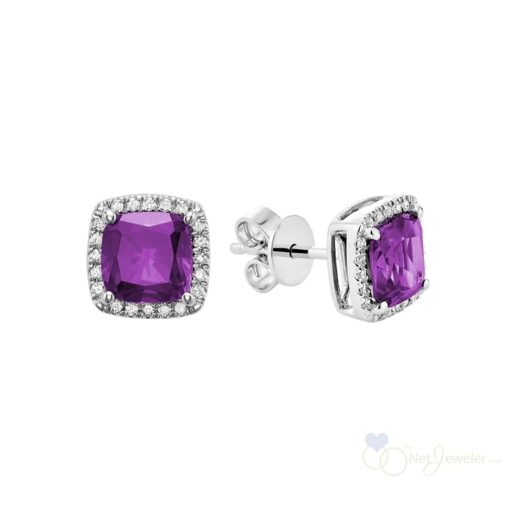 Cushion Colored Stone & Diamond Halo Stud Earrings-RNB Jewellery