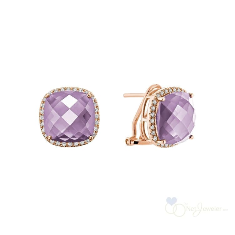 Cushion Cut Precious Stone & Diamond Halo Earrings - Rose Gold / Pink Amethyst / Closeout - Earrings