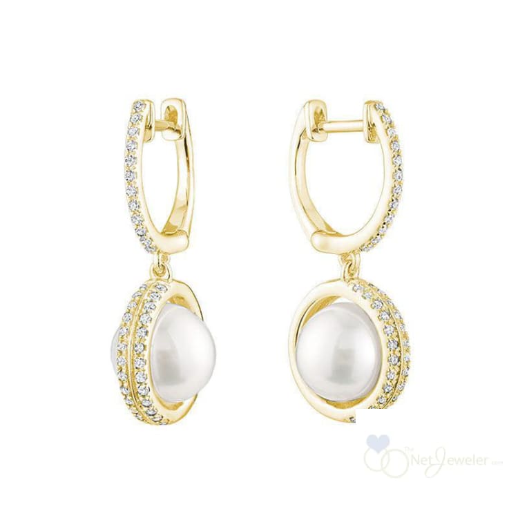 Dangle Pearl & Diamond Earrings - Yellow Gold - Earrings