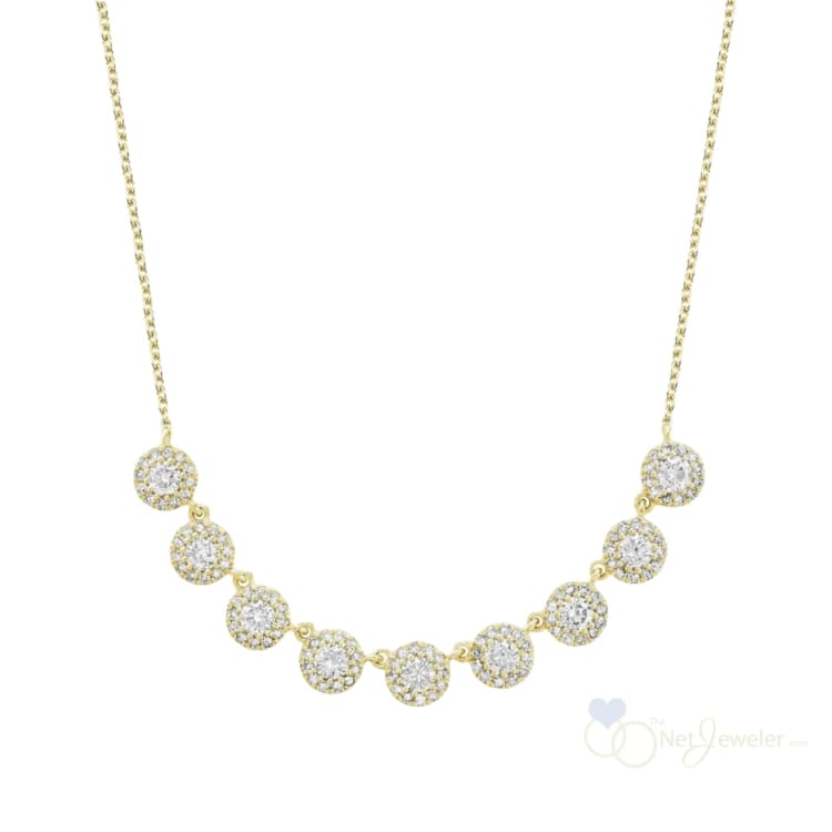 Diamond Halo Style Nine Stone Pendant Necklace 14k Yellow Gold 