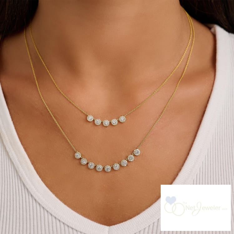 Diamond Halo Style Nine Stone Pendant Necklace 14k Yellow Gold