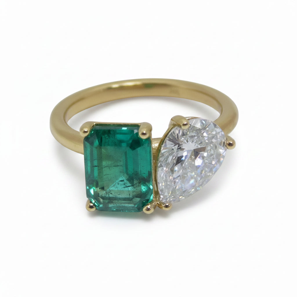 emerald gemstone emerlad cut and pear diamond ring - you and me ring