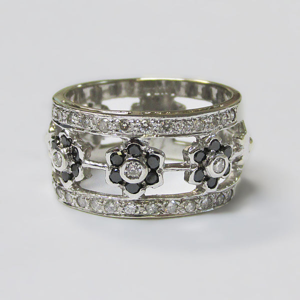 Black and White Diamond Band Flower Design Ring 14K - Thenetjeweler