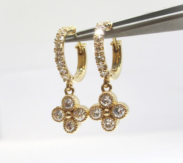 Flower Drop Diamond Huggies Earrings 14K Yellow Gold - Thenetjeweler