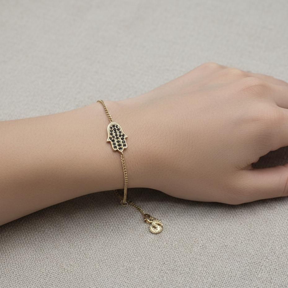 Black Diamond Hamsa Bracelet | 10K Gold Cuban Link Chain