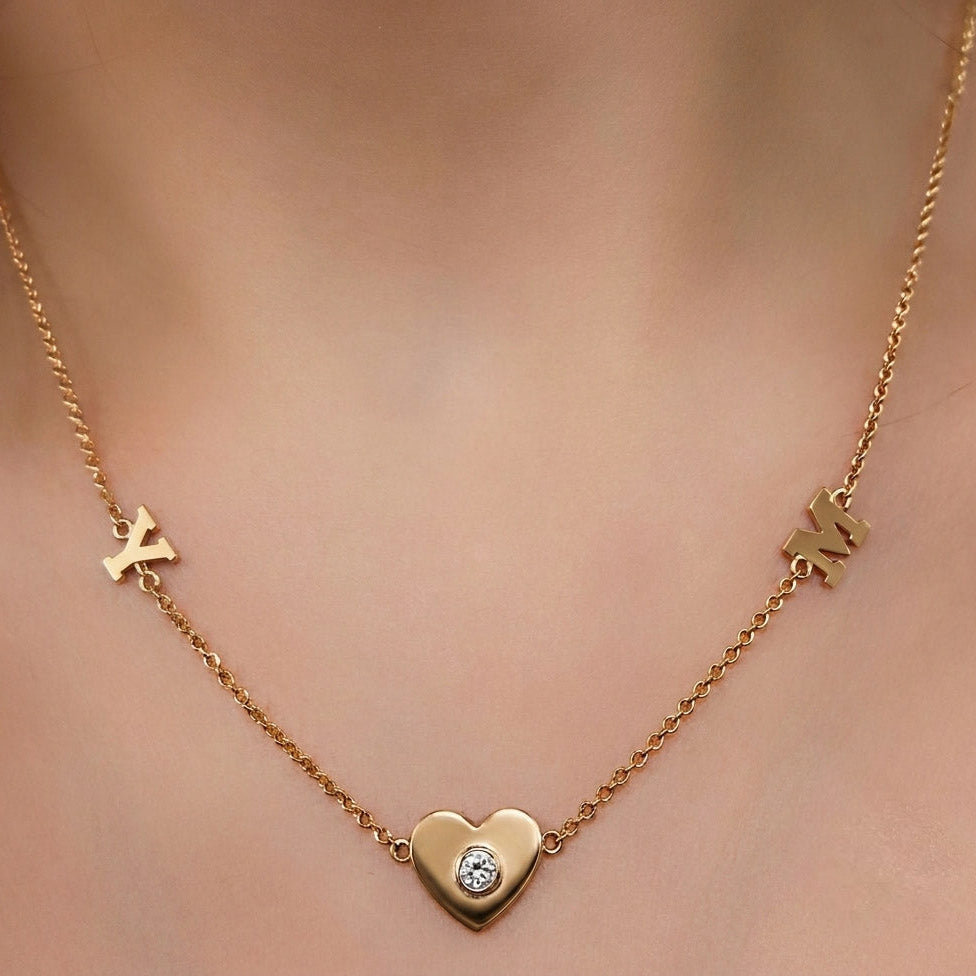 2 Initial Diamond Heart Pendant Necklace - Thenetjeweler