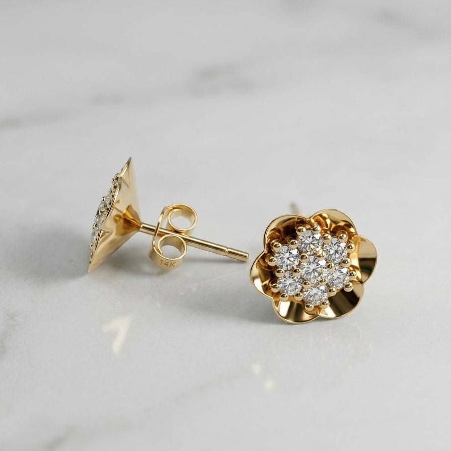 14K yellow gold lab-grown diamond floral stud earrings with scalloped petal cluster setting