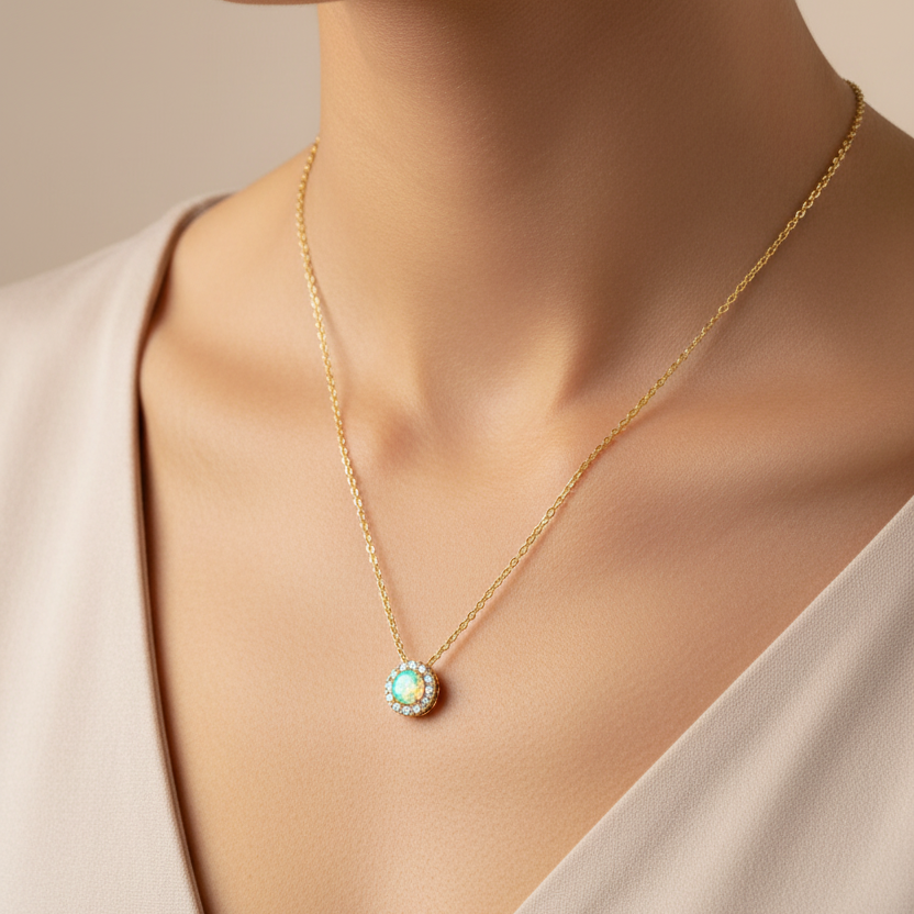 Lab Opal & Diamond Halo Pendant Necklace – 10K Gold