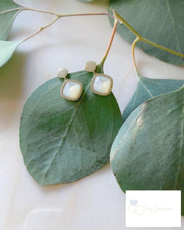 Mother of Pearl and Diamond Dangle Earrings-RNB Jewellery