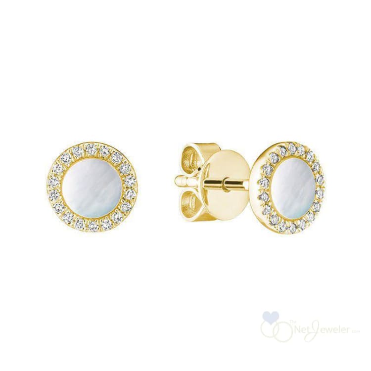 Mother of Pearl Halo Diamond Stud Earrings - Yellow Gold - Earrings