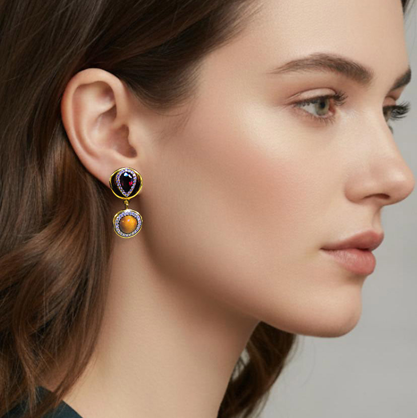 Garnet Tiger Eye Gemstone with Diamonds Drop Earrings - Thenetjeweler