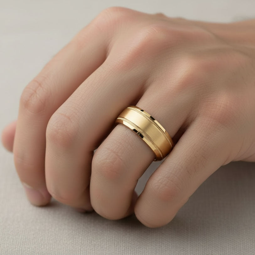 Brushed Beveled Milgrain Edge Wedding Band in 14K Yellow Gold | Men's Ring 6mm