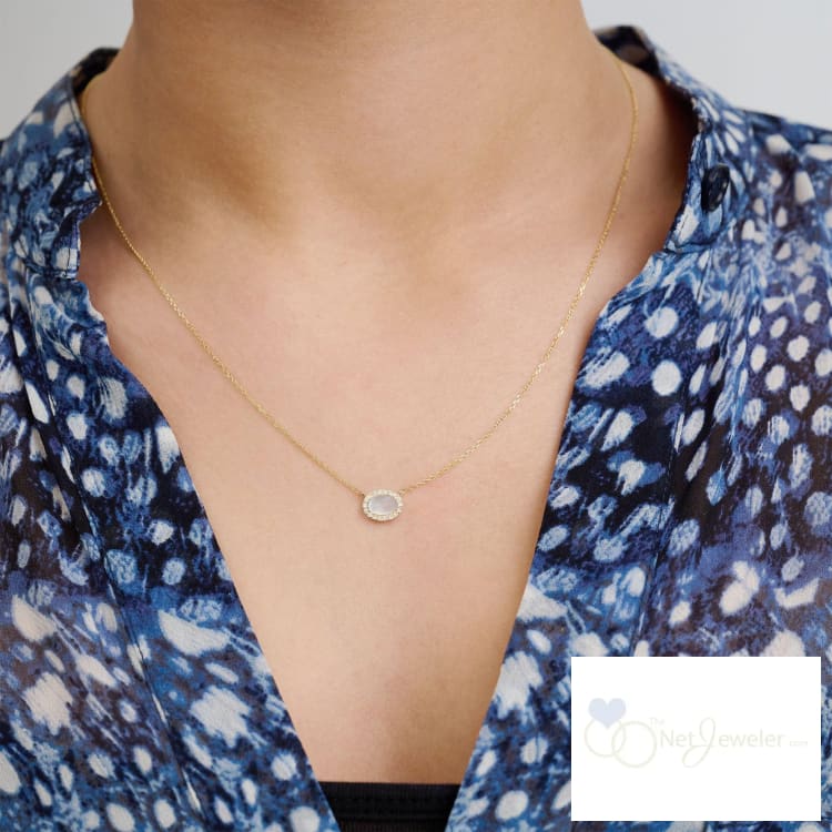 Oval Halo Mother of Pearl Diamond Necklace - White Gold - Necklaces