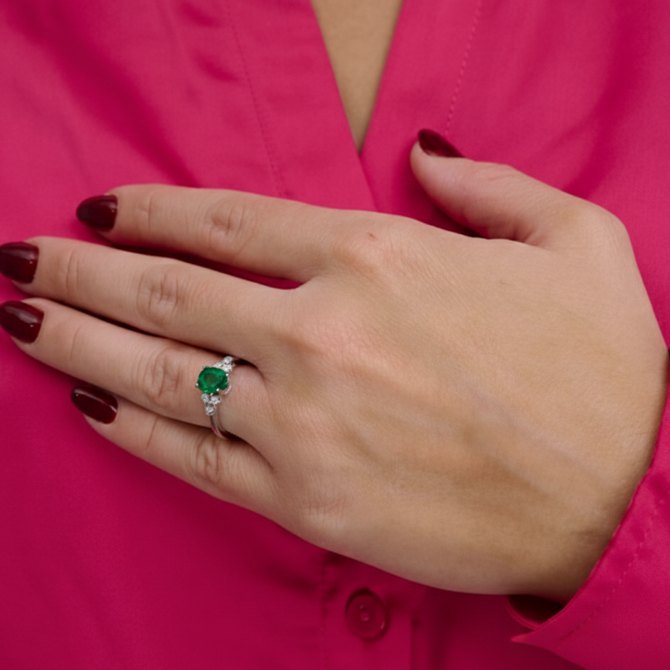 Oval Created Emerald and Diamond Ring
