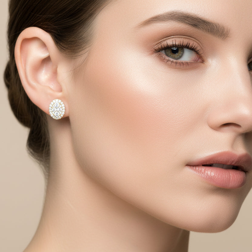 Pave Oval Diamond Stud Earrings on woman