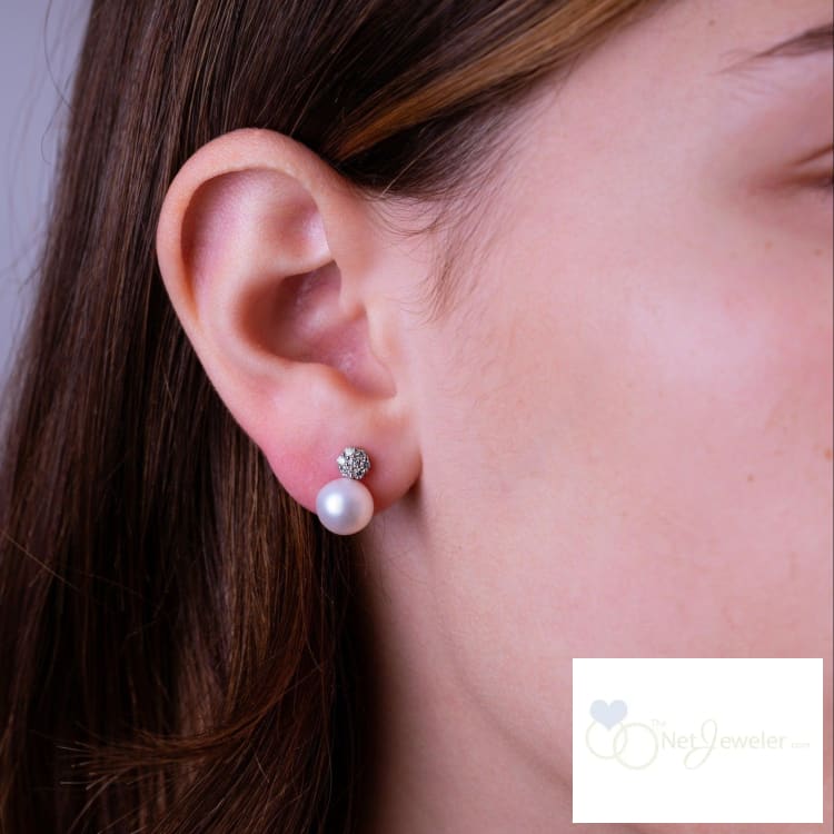 Pearl and Cluster Round Diamond Stud Earrings - White Gold - Earrings