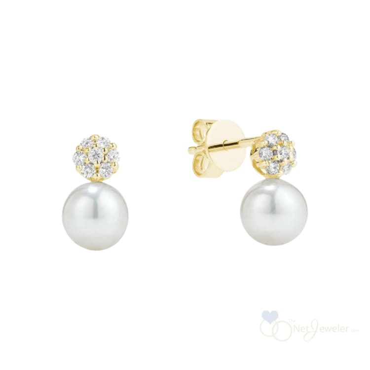 Pearl and Cluster Round Diamond Stud Earrings - Yellow Gold - Earrings