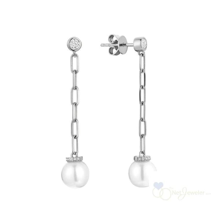 Pearl Paper Clip Diamond Dangle Earrings-RNB Jewellery