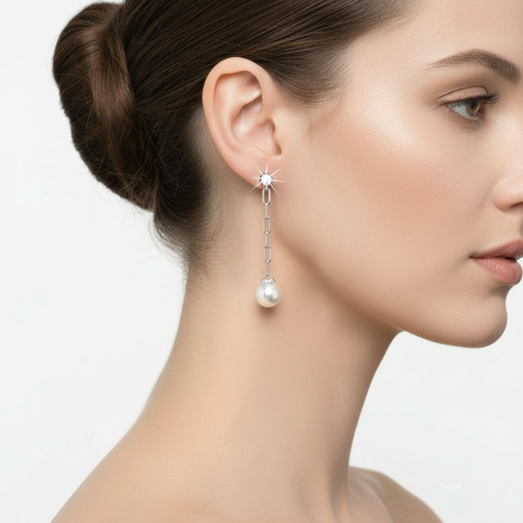 Pearl Paper Clip Diamond Dangle Earrings