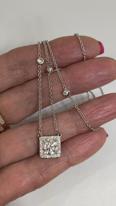 Square Halo Round Diamond  with Bezel Station Necklace - TheNetJeweler