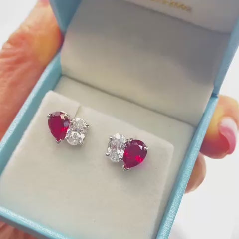 Pear Ruby & Oval Diamond Toi et Moi Stud Earrings – 14k White Gold