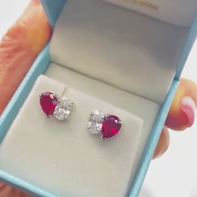 Pear Ruby & Oval Diamond Toi et Moi Stud Earrings – 14k White Gold