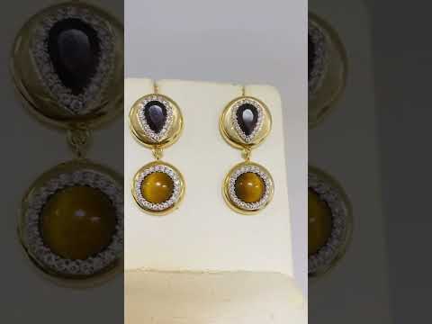 Garnet Tiger Eye Gemstone with Diamonds Drop Earrings - Thentjeweler