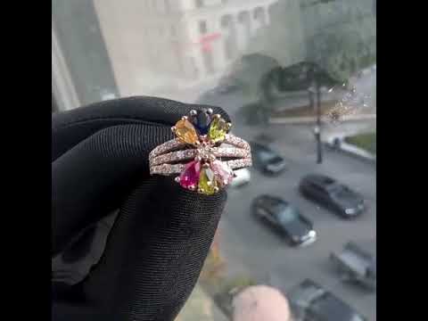 Multi Gemstone and Diamond Floral Ring 14K Gold - TheNetJeweler