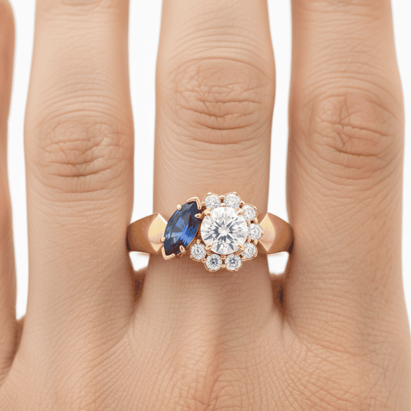 Blue Sapphire & Moissanite Toi et Moi Halo Ring — Worn View